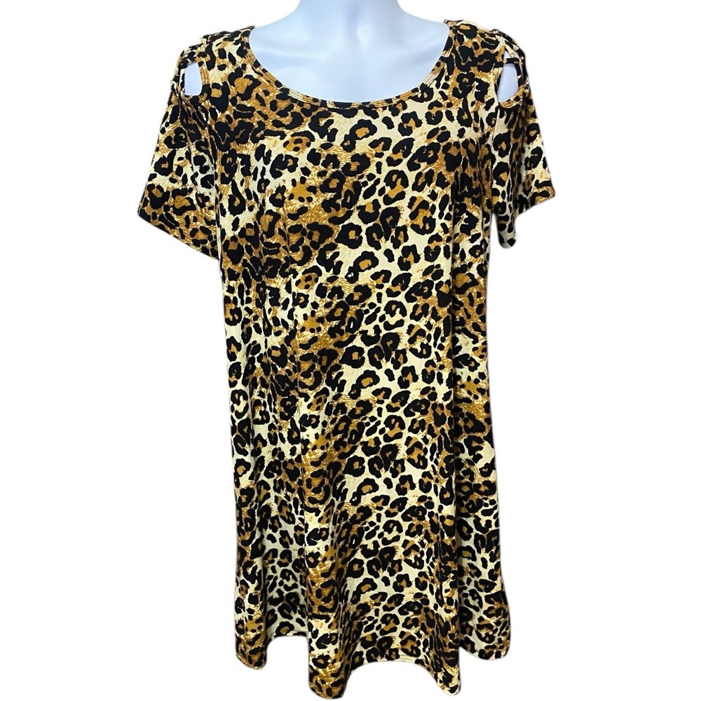 Vibe Sportswear Womans Dress 1X Black Leopard Strappy Cold Shoulder Stretch Knee